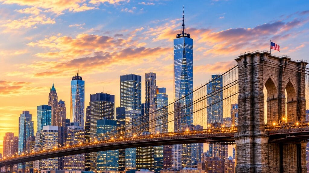 Brooklyn Bridge and Manhattan skyline at sunset